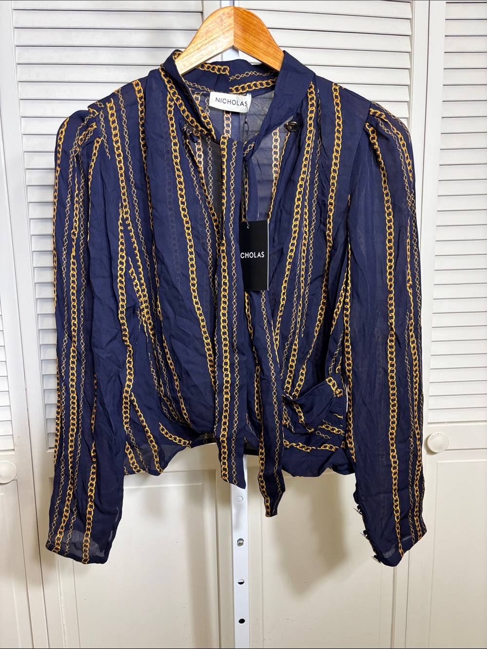 NWT NICHOLAS Navy Silk Blouse Vintage Chain Midnight Size 2
